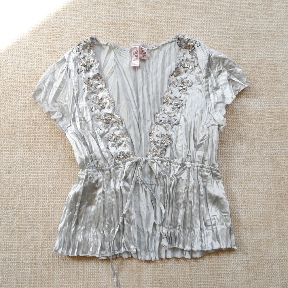 Y2k vintage crinkle top tie front beaded fairy-core M - Picture 7 of 10